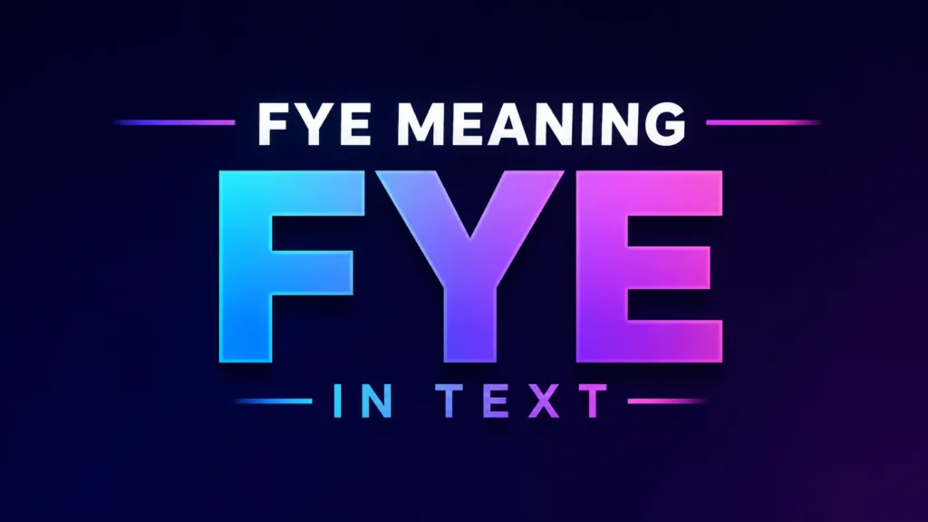 “Modern digital banner with glowing neon text reading ‘FYE Meaning in Text’ centered on a dark blue and purple gradient background. The design features bold typography with vibrant blue, pink, and purple accents in a sleek futuristic style.”