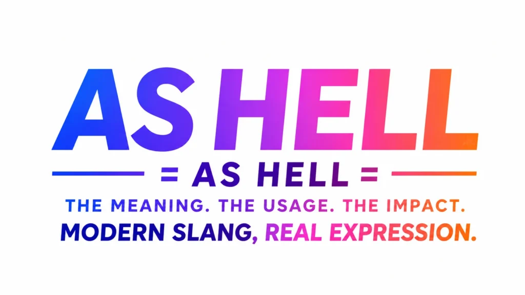 Modern 16:9 digital banner featuring the phrase “AS HELL” in large bold gradient letters (blue, purple, pink, and orange) centered on a light gray background. Beneath it, smaller text reads “= AS HELL =” followed by the tagline “THE MEANING. THE USAGE. THE IMPACT.” and “MODERN SLANG, REAL EXPRESSION.” The design is clean, professional, and focused on explaining the slang abbreviation “as hell.”