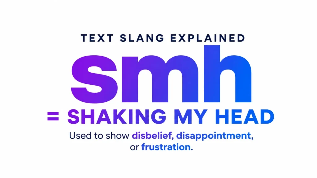 Modern 16:9 educational banner with a clean white background and bold gradient typography in purple and blue. The centered text prominently displays “smh” with the explanation “Shaking My Head” underneath, followed by a brief definition indicating disbelief, disappointment, or frustration. Minimalist, professional design with no distracting elements, suitable for a website header or blog post about text slang.