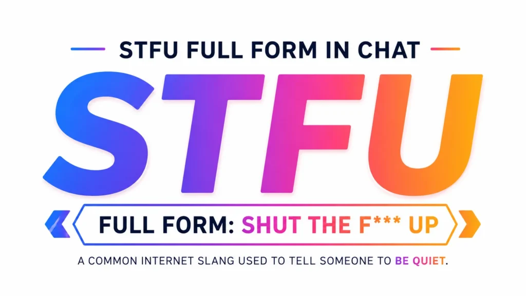 Minimalist 16:9 website banner with a clean white background and bold gradient typography. The centered headline reads “STFU FULL FORM IN CHAT,” with the large acronym “STFU” displayed prominently in blue, purple, pink, and orange gradient colors. Below, a highlighted text box states “FULL FORM: SHUT THE F*** UP.” A short explanatory line underneath describes STFU as a common internet slang term used to tell someone to be quiet. The design is modern, professional, and optimized for educational blog content about text messaging abbreviations.
