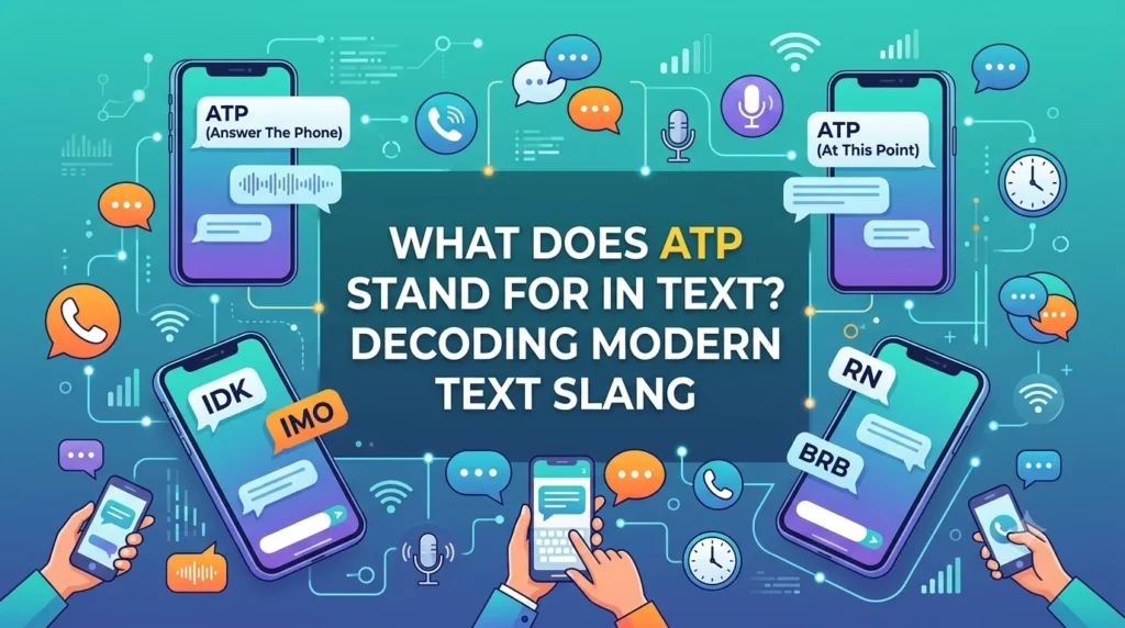 An elegant teal and blue digital banner about internet slang, with text in the center reading "WHAT DOES ATP STAND FOR IN TEXT? DECODING MODERN TEXT SLANG". Surrounding the text are illustrated smartphones displaying chat bubbles with acronyms like ATP (Answer The Phone), ATP (At This Point), IDK, IMO, RN, and BRB, perfectly designed for an educational blog header.