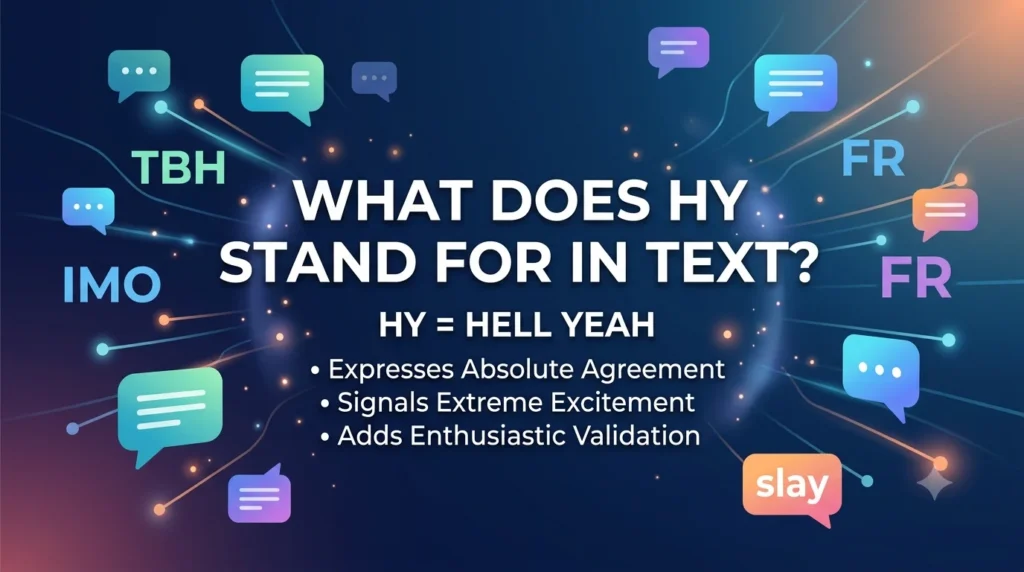 An elegant, high-quality digital banner designed in a 16:9 aspect ratio, tailored for an educational blog post or website header. The background features a professional dark navy blue gradient integrated with a glowing, abstract network of node connections and orange light sparks. Floating across the design are colorful, modern chat bubbles displaying slang abbreviations like "TBH," "IMO," "FR," and "slay." Centered prominently in clear, bold white lettering is the main heading: "WHAT DOES HY STAND FOR IN TEXT?". Directly beneath it, a clear subtext reads "HY = HELL YEAH," followed by three neat bullet points summarizing its use: "Expresses Absolute Agreement," "Signals Extreme Excitement," and "Adds Enthusiastic Validation."