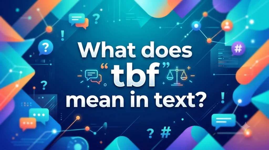 An elegant, high-quality digital banner in a 16:9 aspect ratio featuring a vibrant, multi-colored background with abstract geometric shapes, digital networks, and subtle chat bubbles. The typography in the center is clean, bold, and highly legible, reading: "What does 'tbf' mean in text?". The text features slight drop shadows for depth, and minor decorative icons like quotation marks and a balance scale flank the word "tbf" to hint at its meaning.