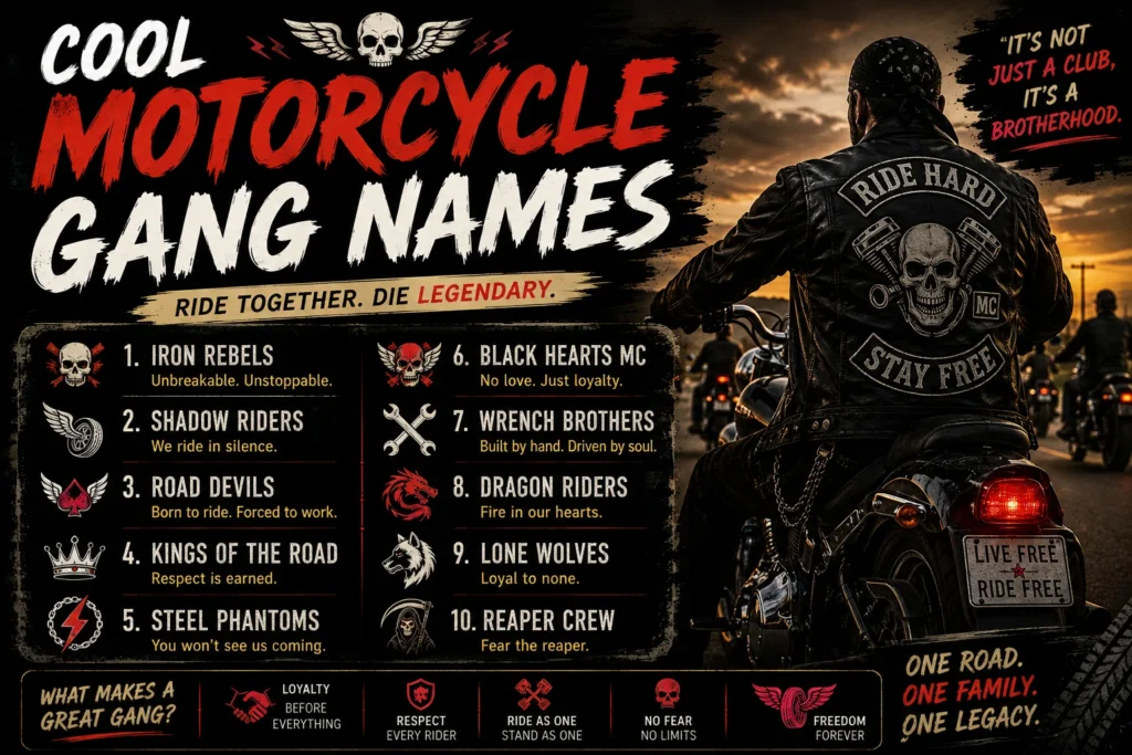 Cool motorcycle gang names featured graphic showing bikers riding motorcycles at sunset with bold biker-style typography and creative motorcycle club name ideas.