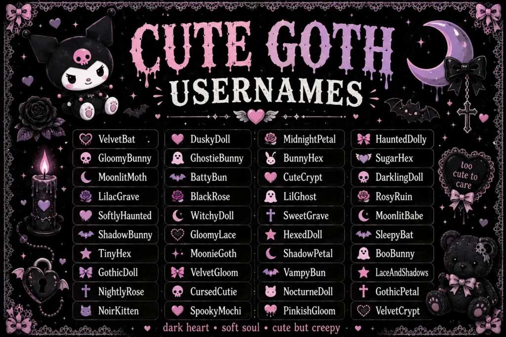 Cute goth usernames graphic featuring aesthetic username ideas with bats, roses, moons, hearts, bows, ghosts, and pastel gothic decorations.