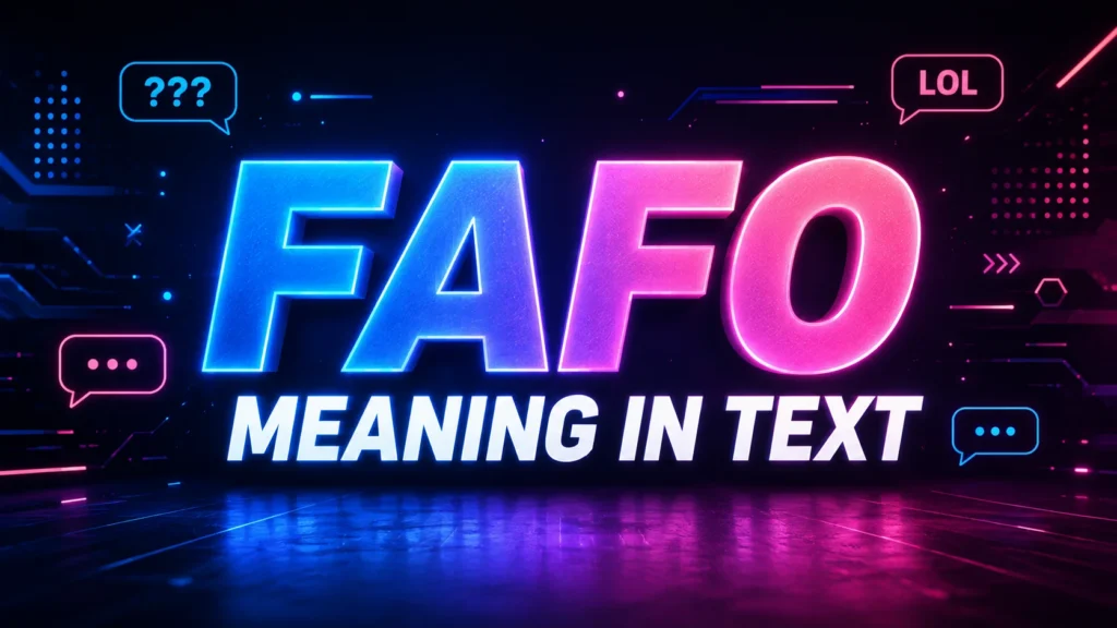 FAFO meaning in text shown in a bold neon graphic with modern messaging and digital communication elements.