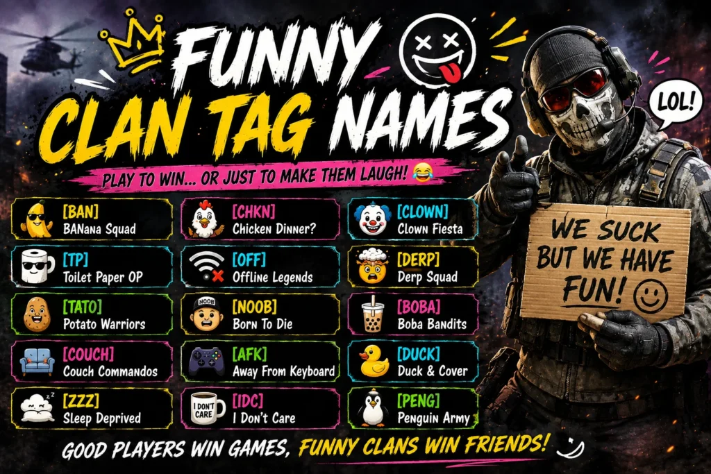 Funny clan tag names featured image with a gaming character, humorous clan tags, colorful icons, and funny squad name ideas.