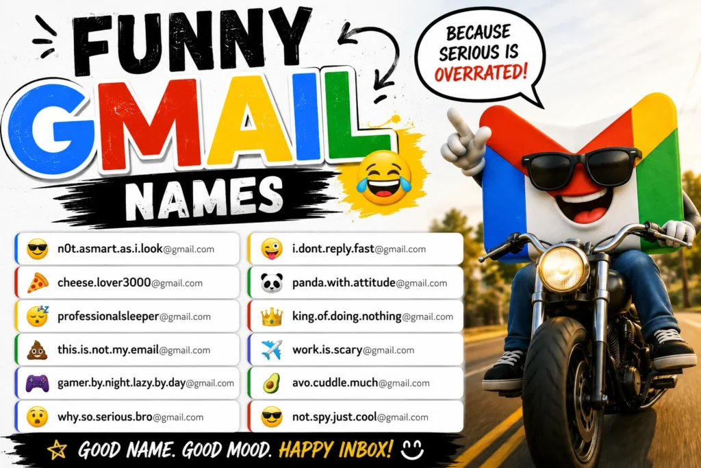 Funny Gmail names featured image with humorous email username ideas, laughing emojis, and a playful Gmail-themed character.