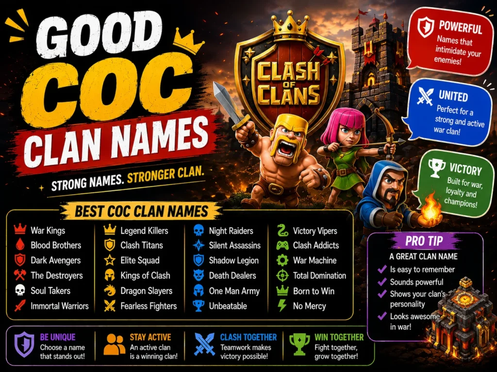 Good COC clan names featured graphic with Clash of Clans-style characters and creative clan names including War Kings, Legend Killers, Night Raiders, Clash Titans, and Victory Vipers.