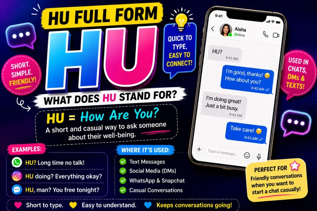Colorful graphic explaining what HU stands for in text messages with practical examples.