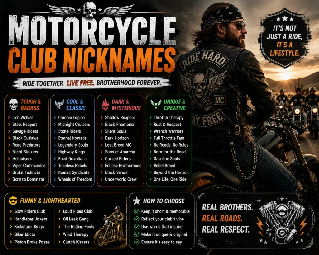 Motorcycle club nicknames featuring a biker riding with his group alongside tough, cool, dark, unique, and funny nickname ideas.