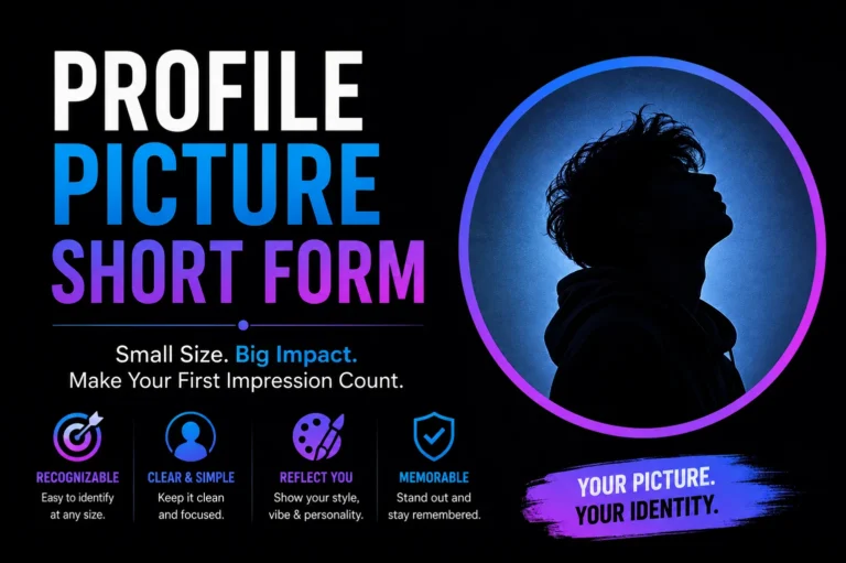 Profile picture short form explained in a modern social media graphic, highlighting clarity, recognizability, personal style, and memorable profile branding.