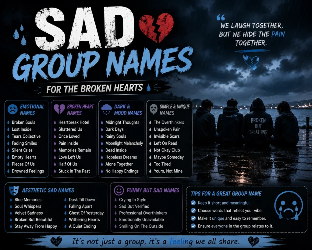 Sad group name ideas featuring emotional, broken-heart, dark, moody, aesthetic, and unique names against a rainy night background.