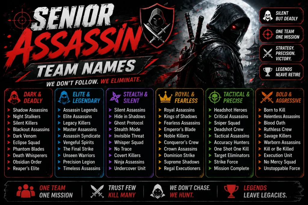 Senior assassin team names featuring a dark hooded character with stealthy, elite, tactical, fearless, and competitive team name ideas.