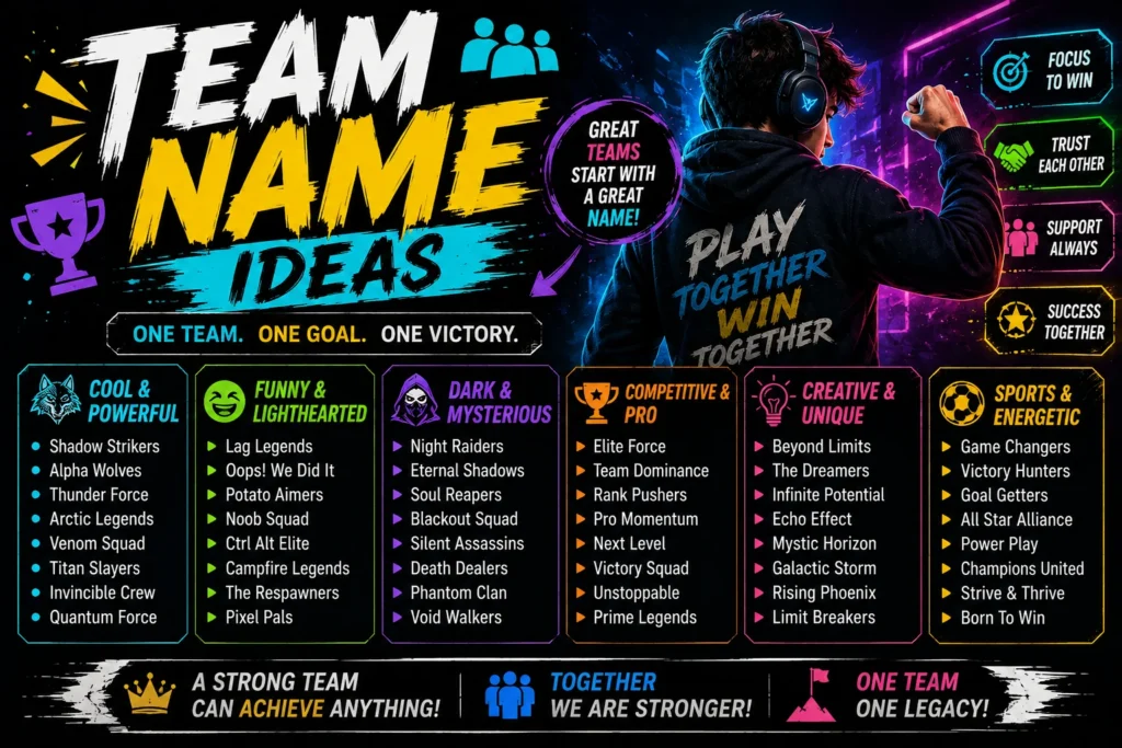 Team name ideas featuring cool, funny, powerful, competitive, creative, mysterious, and energetic names in a colorful gaming-inspired team design.